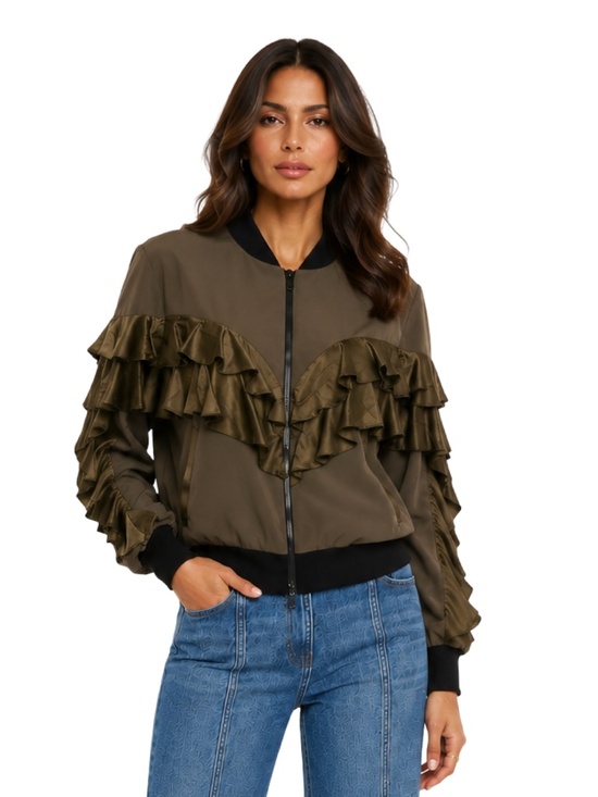 cinq a sept Jackets & Blazers - $525 Cinq a Sept Leia Ruffle Bomber Jacket Olive Approx Size S